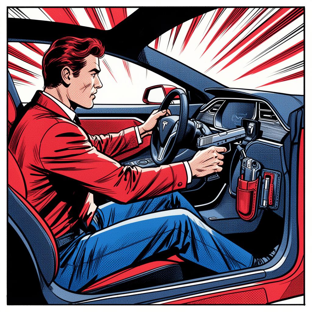 Driver drawing pistol from Tesla door holster